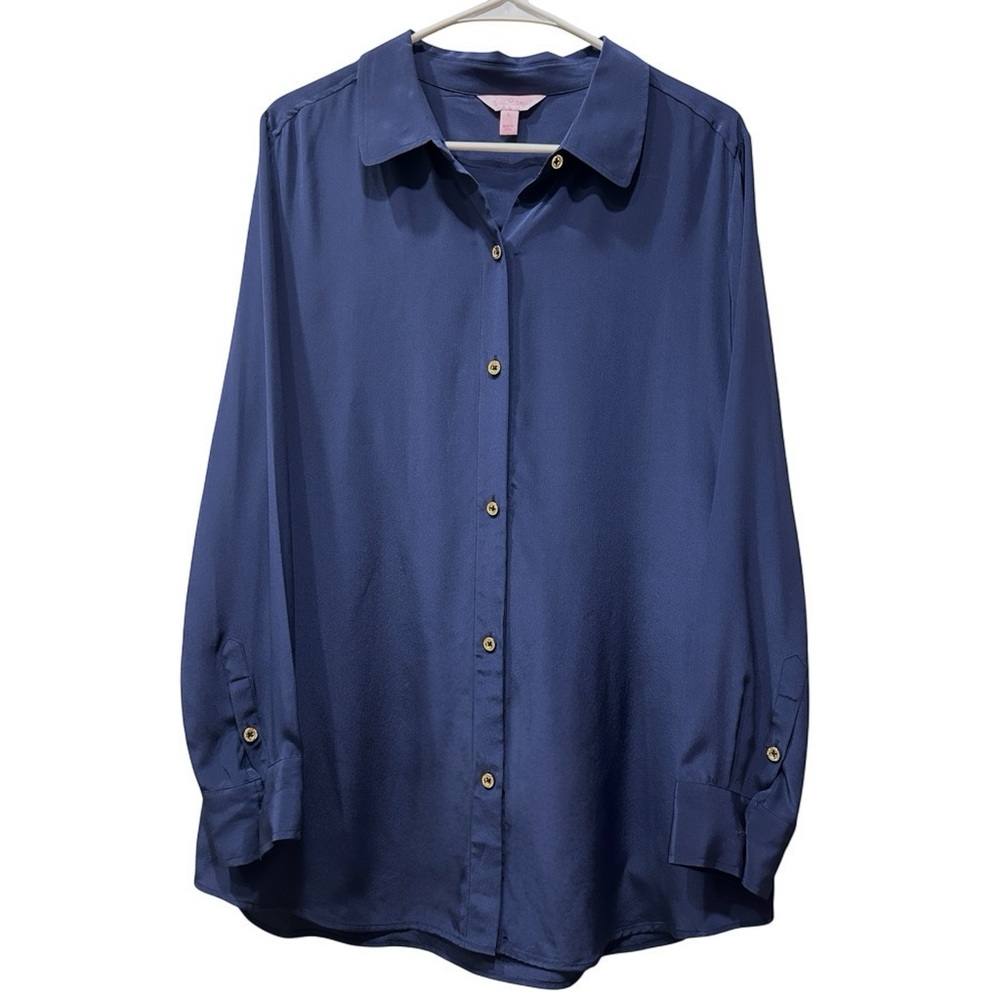 Lilly Pulitzer Blue Island Gold Logo Silk Button Up Collared Blouse Size Large
